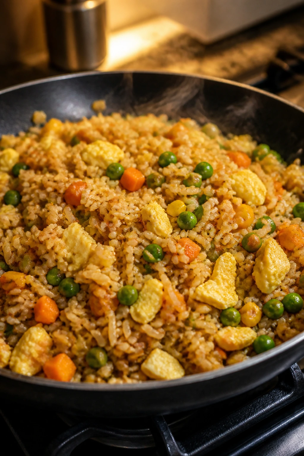 Close-up of egg fried rice with frozen vegetables in a steaming skillet on a kitchen stove