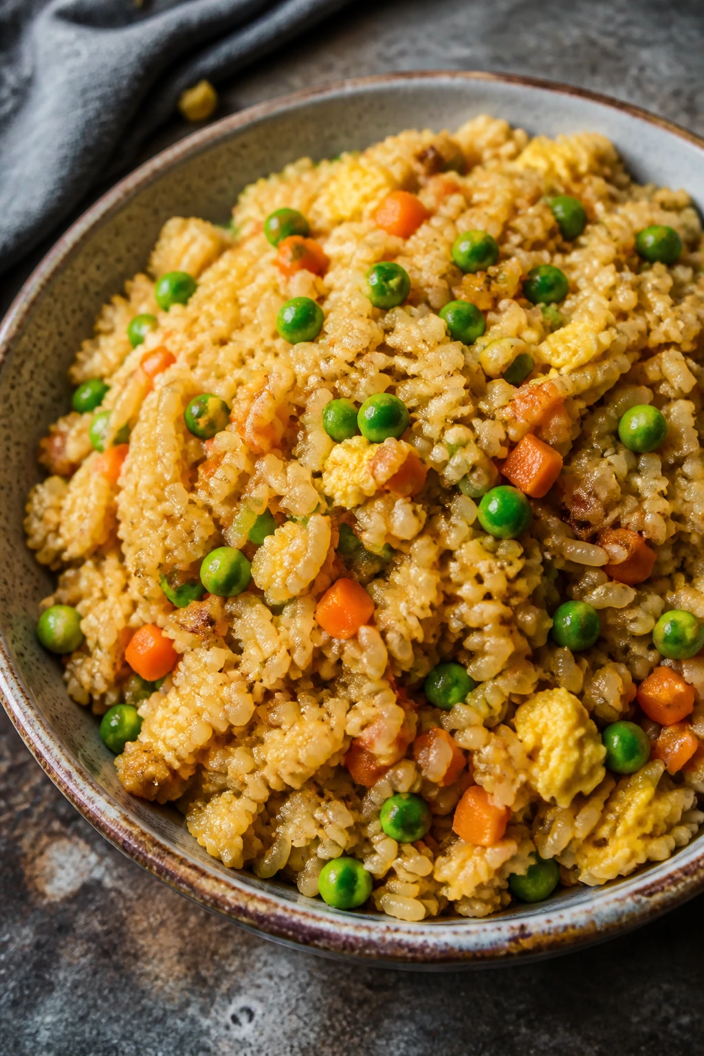 Close-up of egg fried rice with frozen vegetables in a bowl