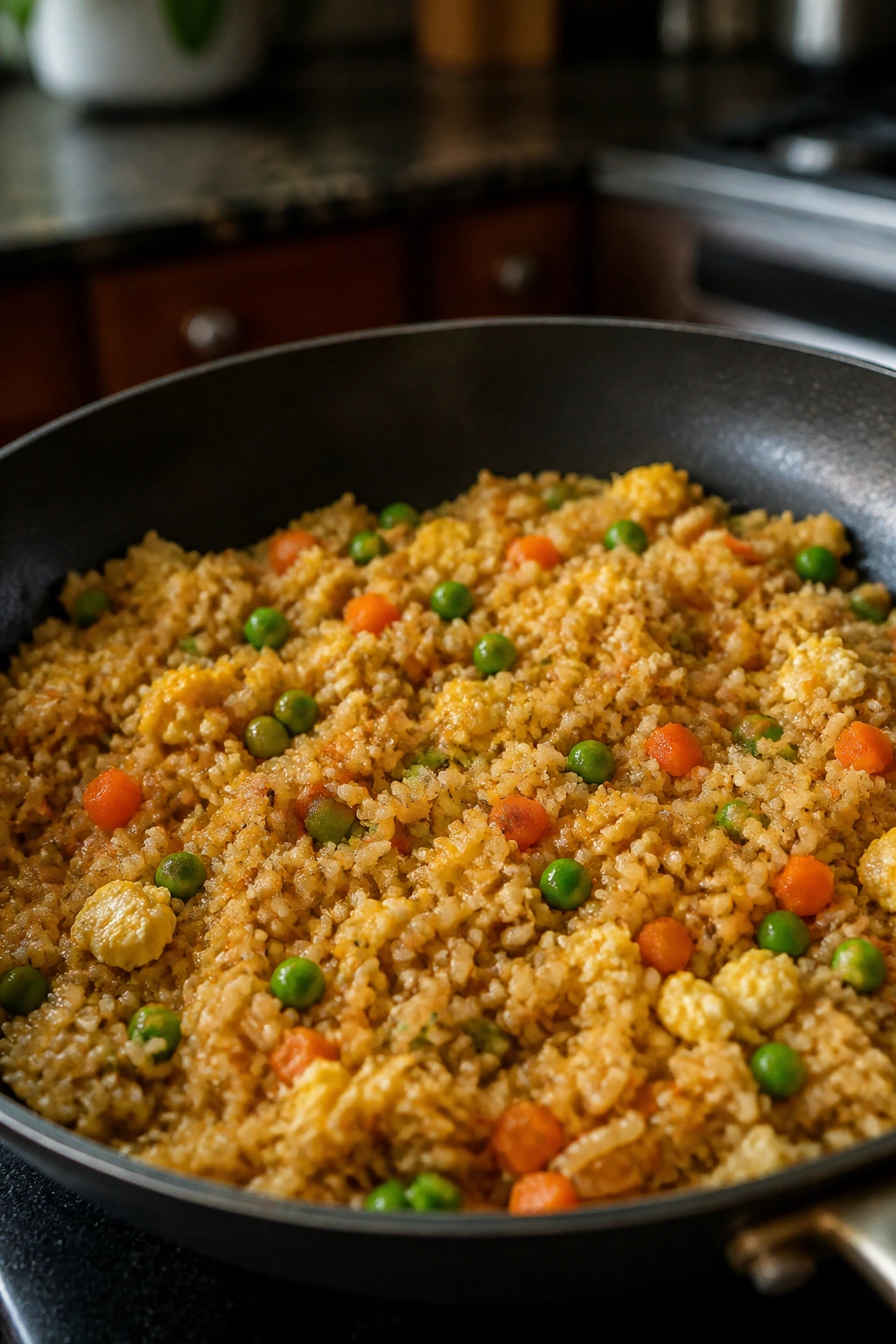 Close-up of egg fried rice with peas and carrots in a skillet