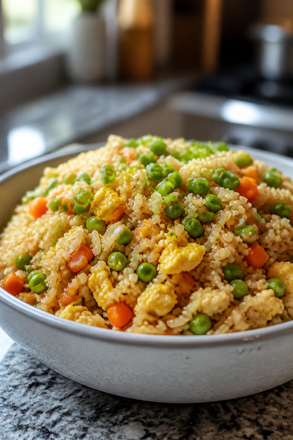 Close-up of egg fried rice with peas and vegetables in a bowl on a kitchen counter