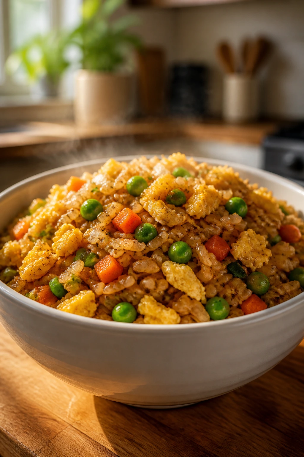 Close-up of egg fried rice with peas and carrots in a bowl