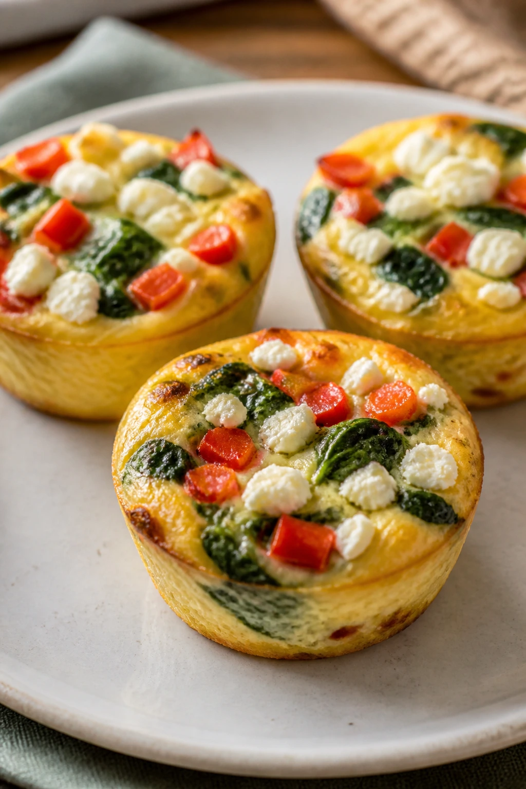 Close-up spinach pepper feta egg muffin cups on plate