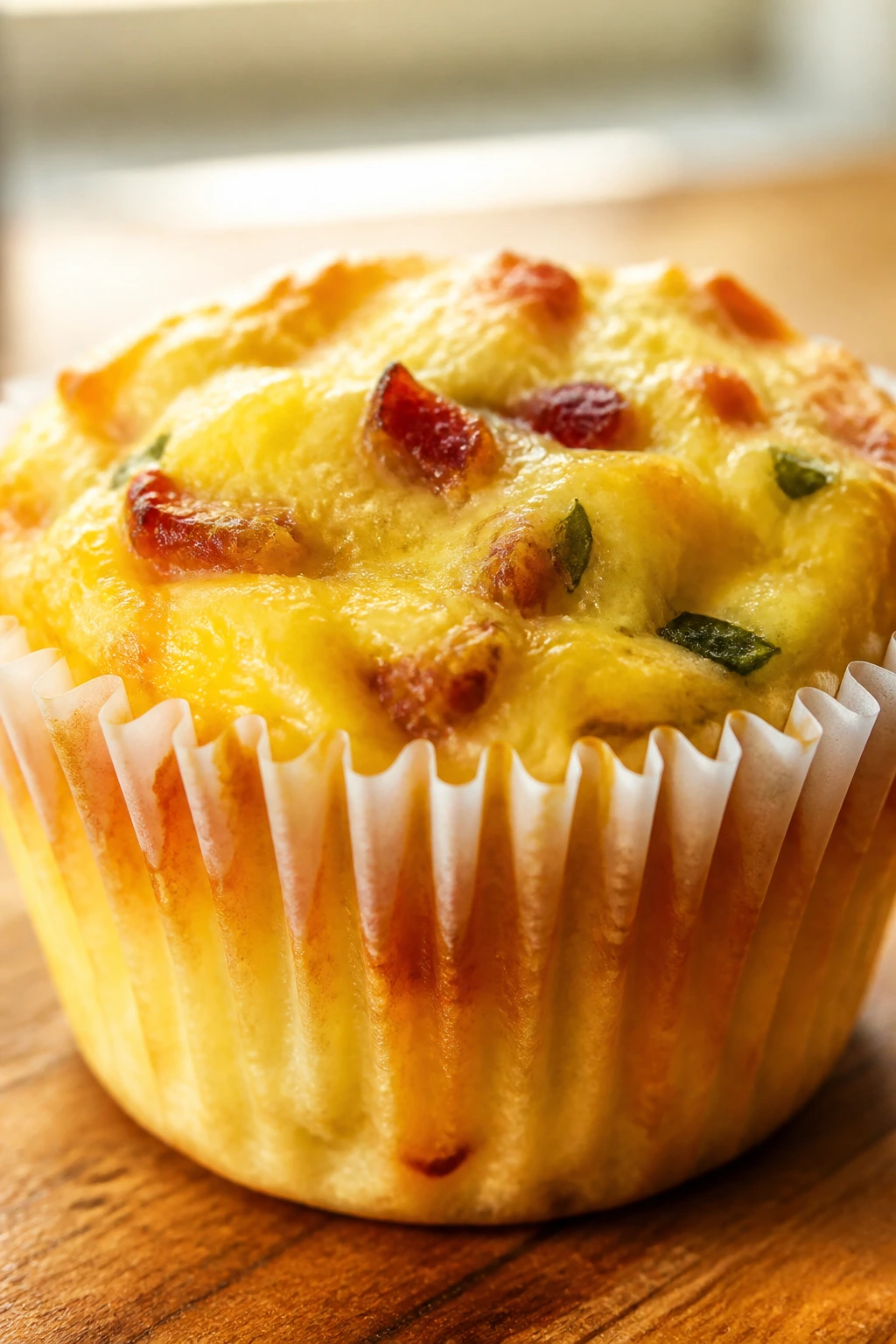 Close-up of a fluffy egg muffin in a paper liner on a warm kitchen counter
