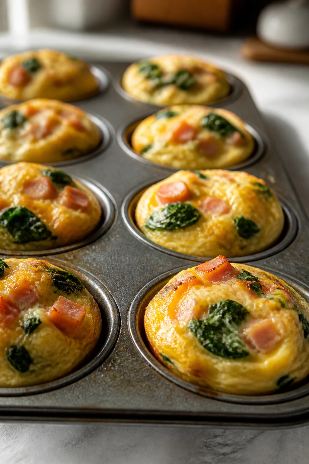 Row of egg muffins with ham and spinach in a muffin tin on a bright kitchen counter.
