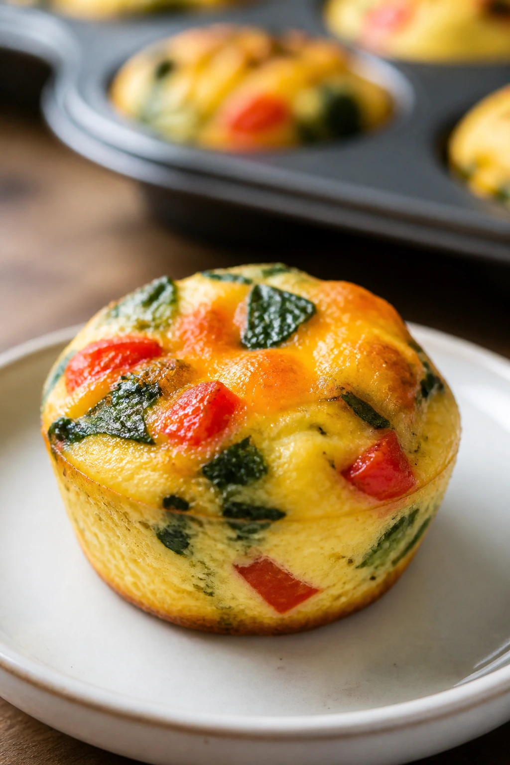 Savory egg muffin close-up on a plate with cheddar and spinash in a sunny kitchen