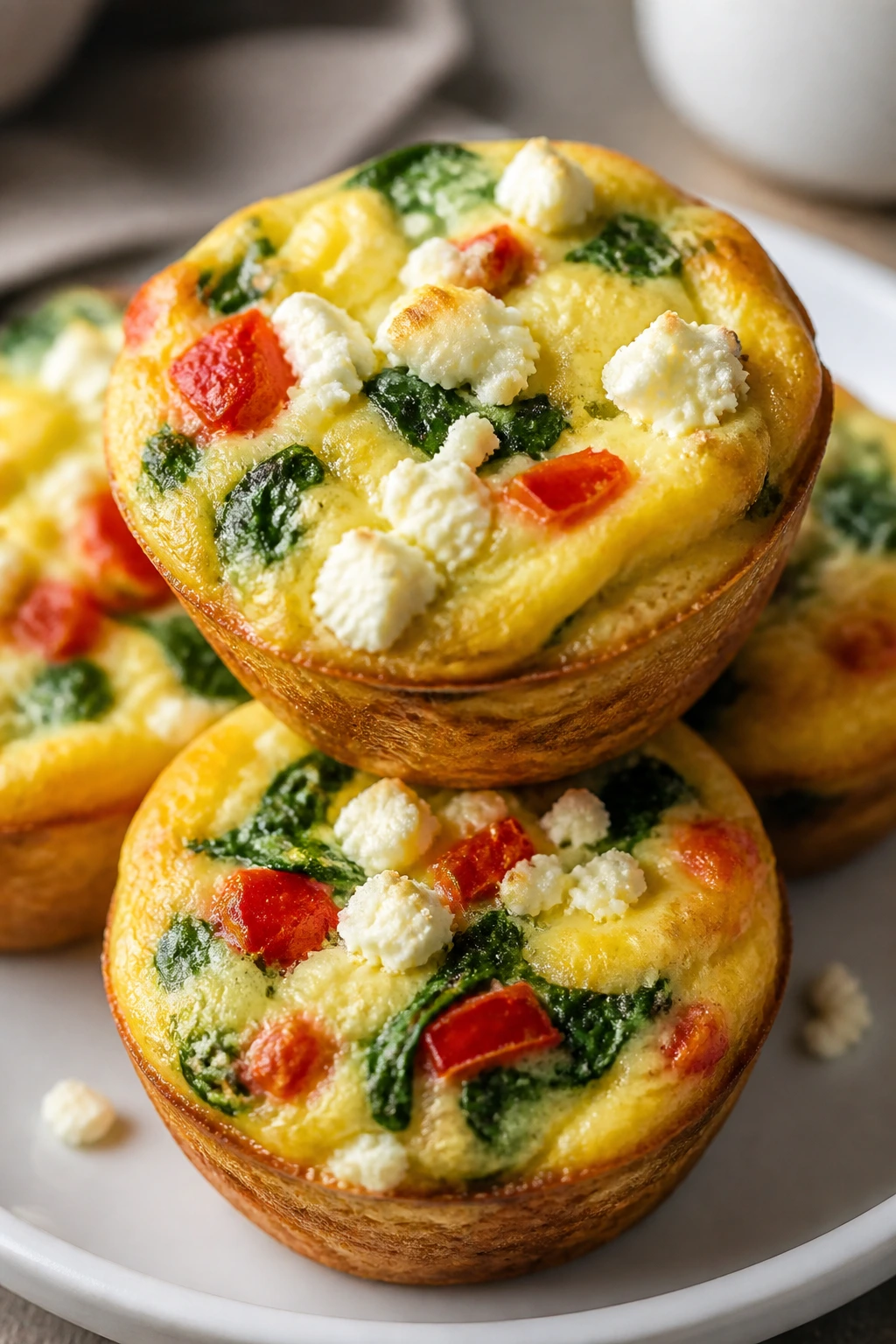 Golden veggie egg muffins with feta on a bright plate