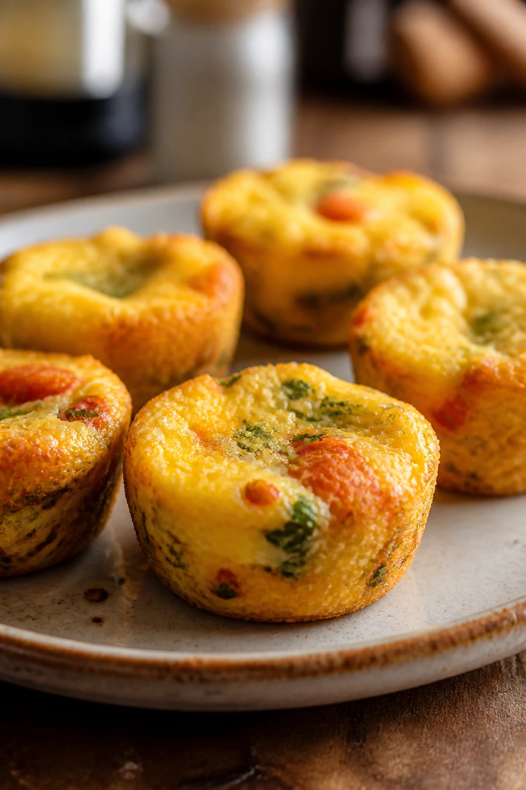 Close-up of cheesy egg muffins on a plate, kid-friendly bite-size
