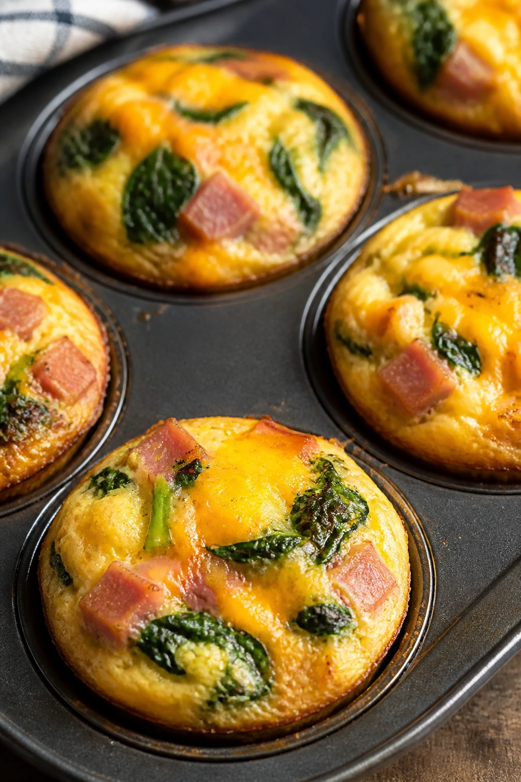 Ham spinach egg muffins arranged on a muffin tin