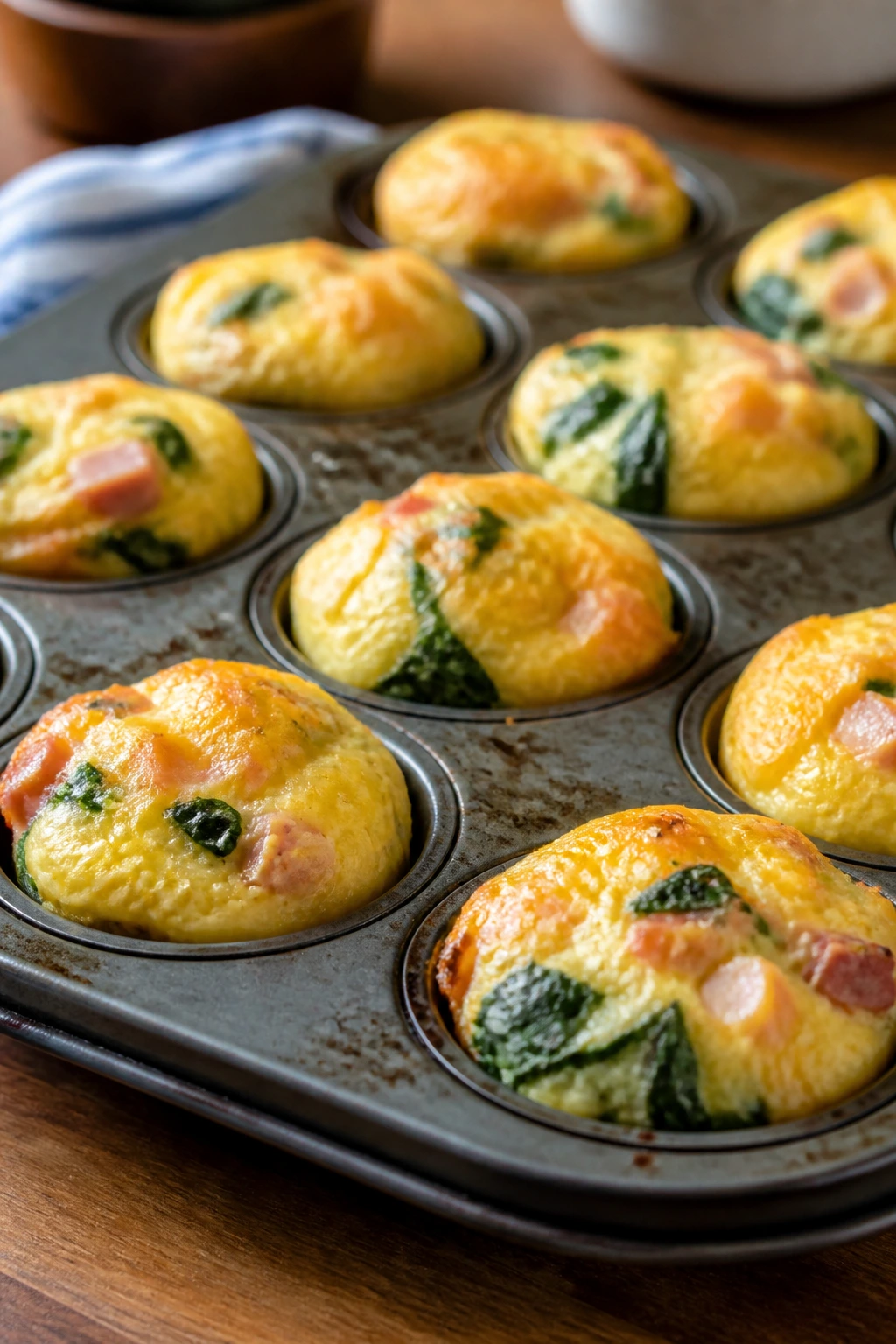 Close-up of egg muffins in a muffin tin with ham and spinach
