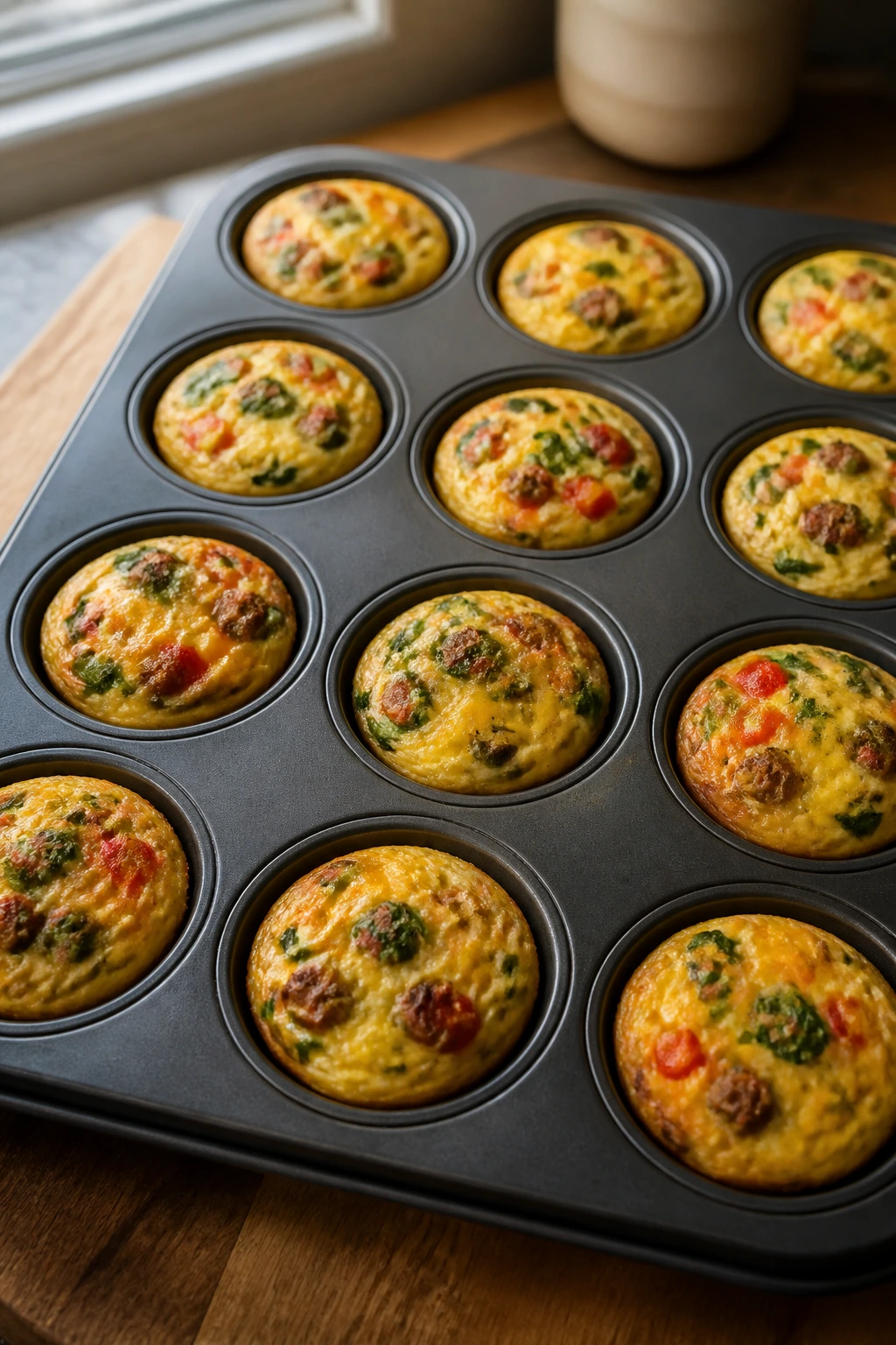 Close-up of mini egg muffin cups in a muffin tin on a warm kitchen counter