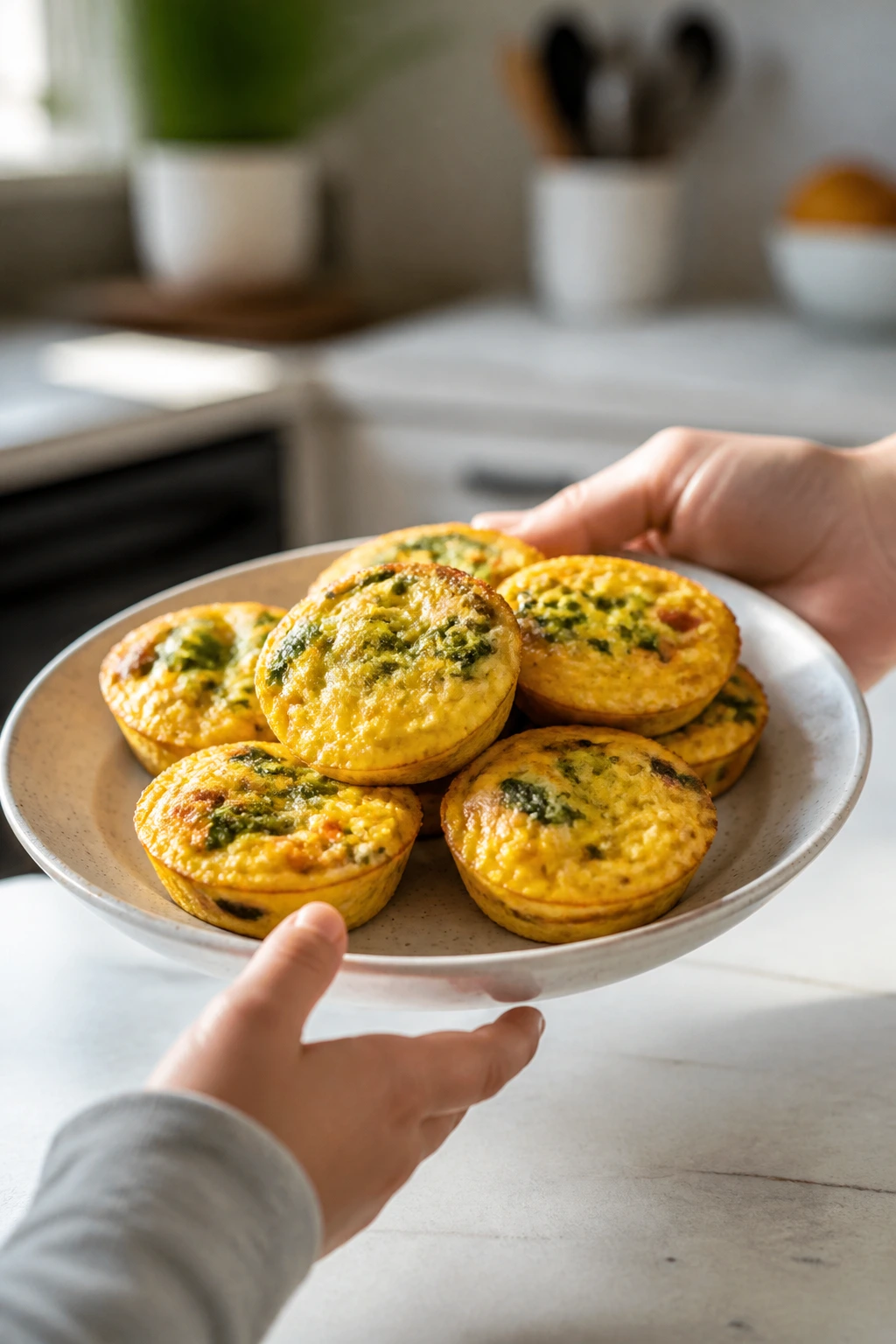 Close-up of egg muffins on a plate in a bright kitchen, suggesting a rotating dinner plan