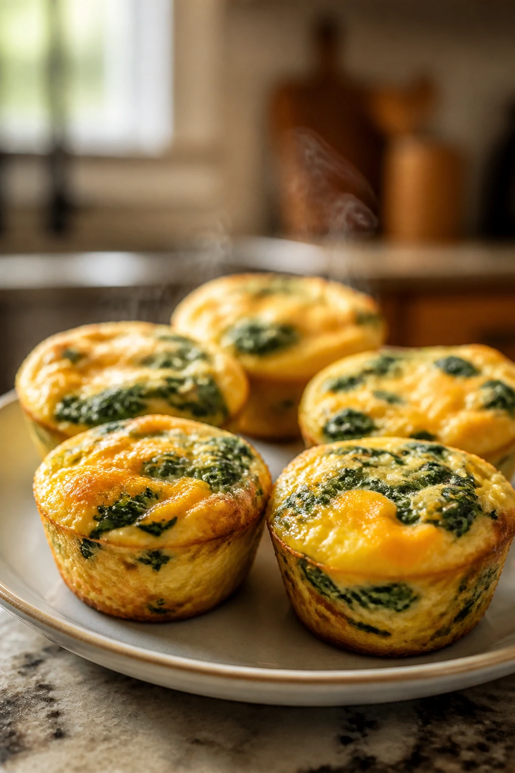 Egg muffins with spinach and cheddar on a plate in a sunny kitchen