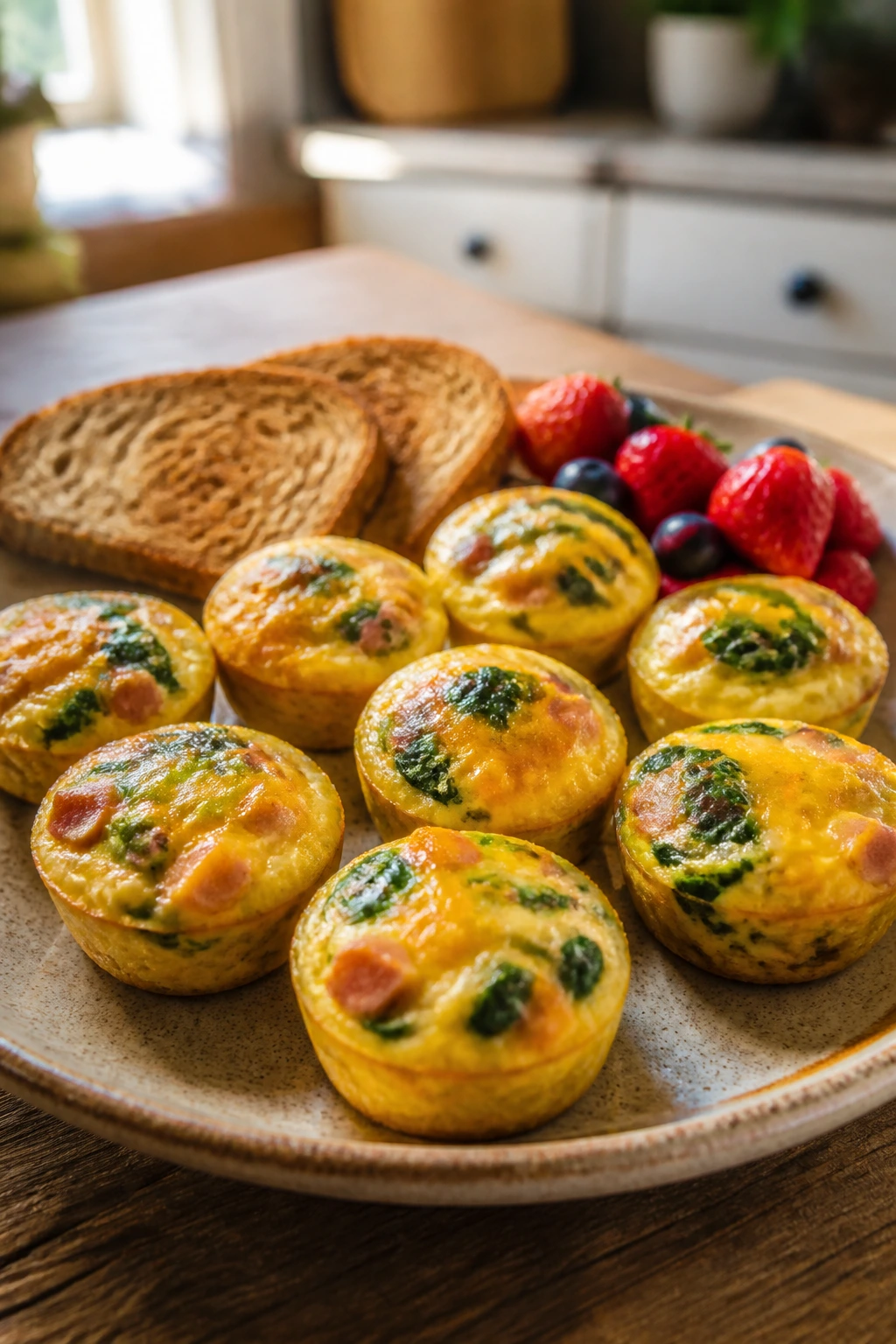 Close-up of egg muffins with spinach, ham, and cheddar on a rustic plate with toast and fruit.