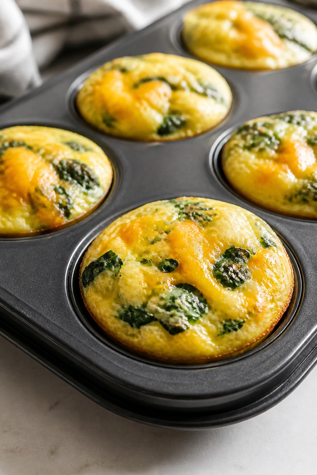 Egg muffins with spinach and cheddar in a muffin tin.