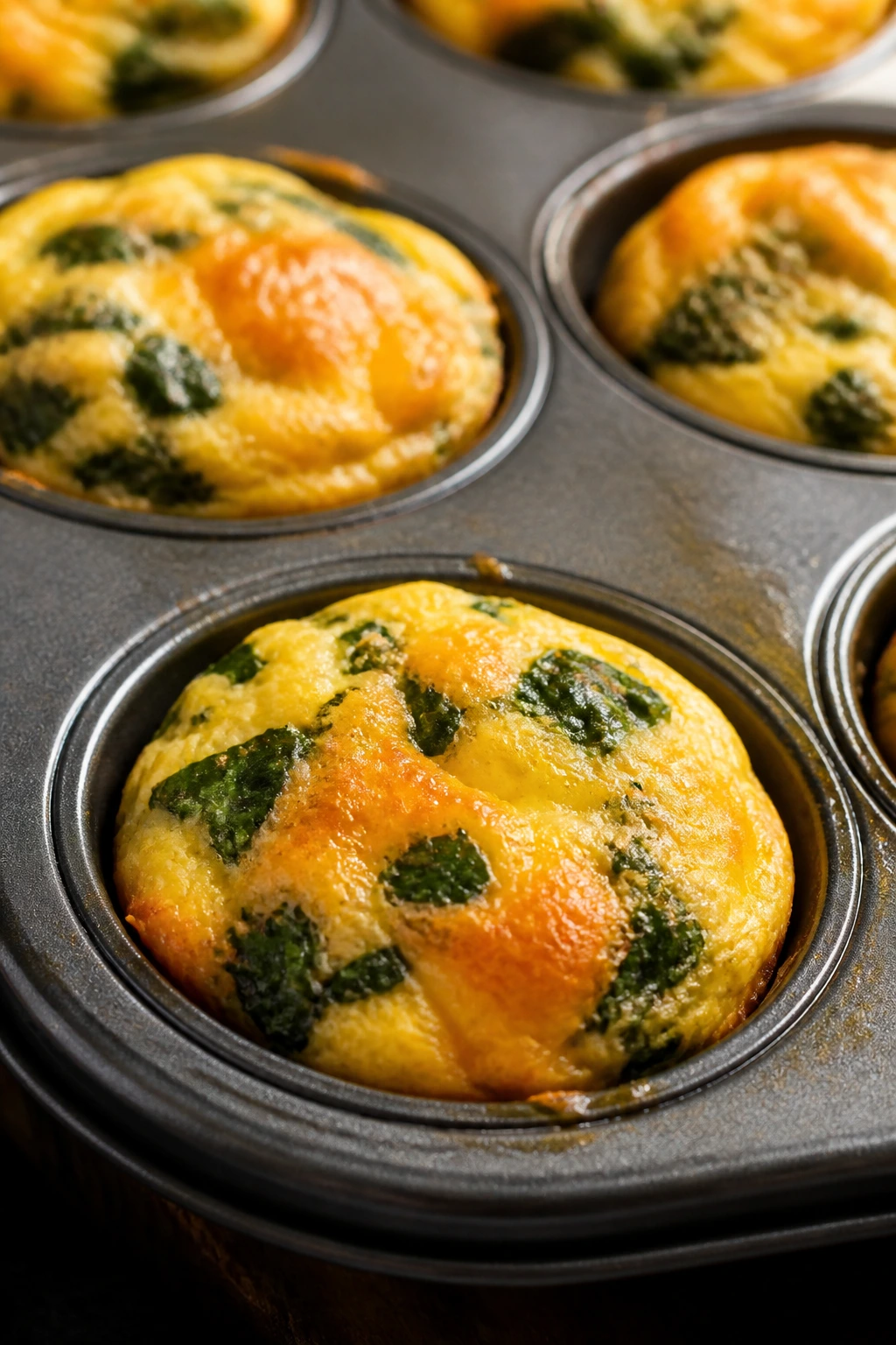 Egg muffins with spinach and cheddar in a muffin tin.