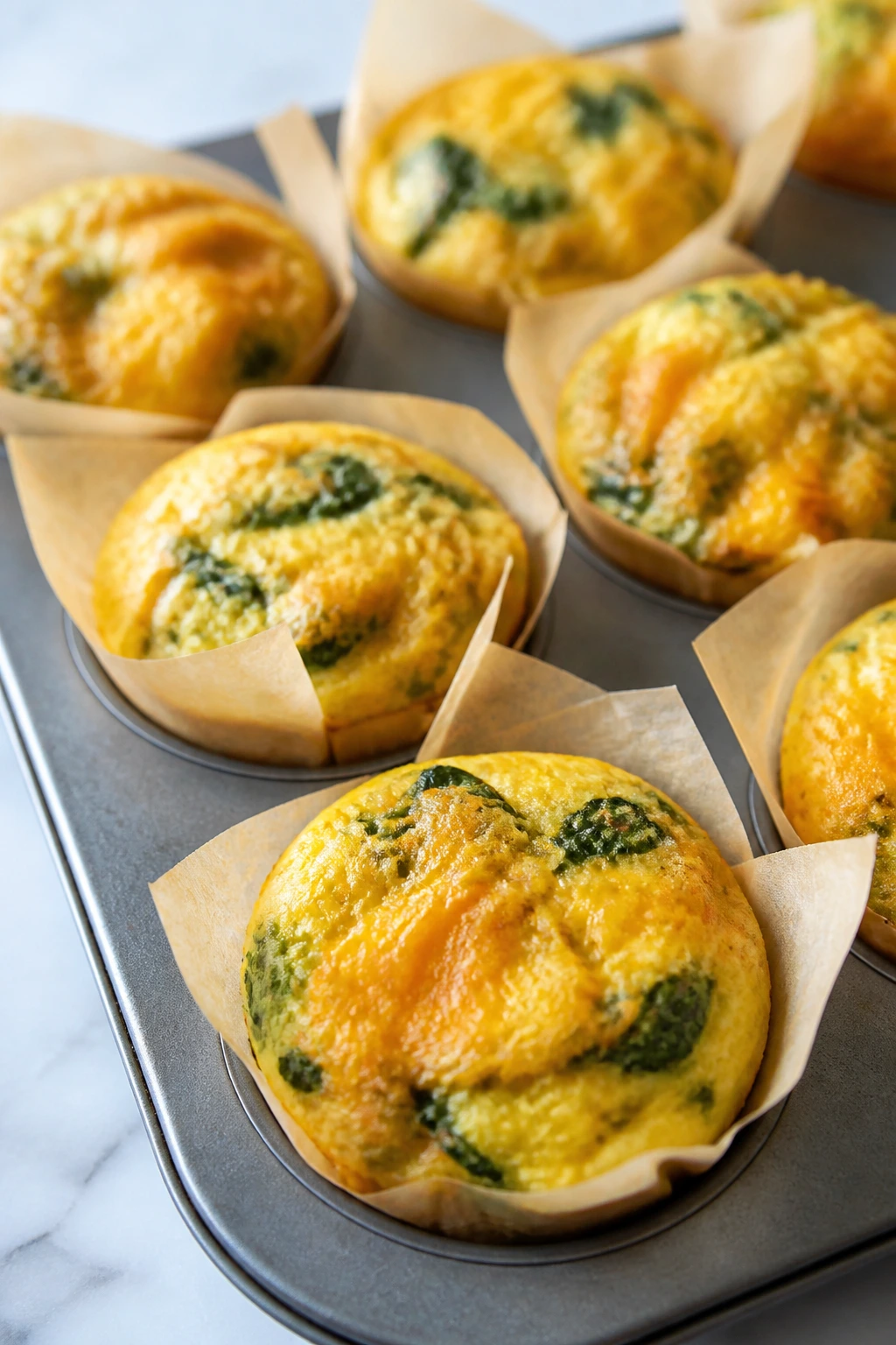 Close-up of cheddar spinach egg muffins on a parchment-lined muffin tin