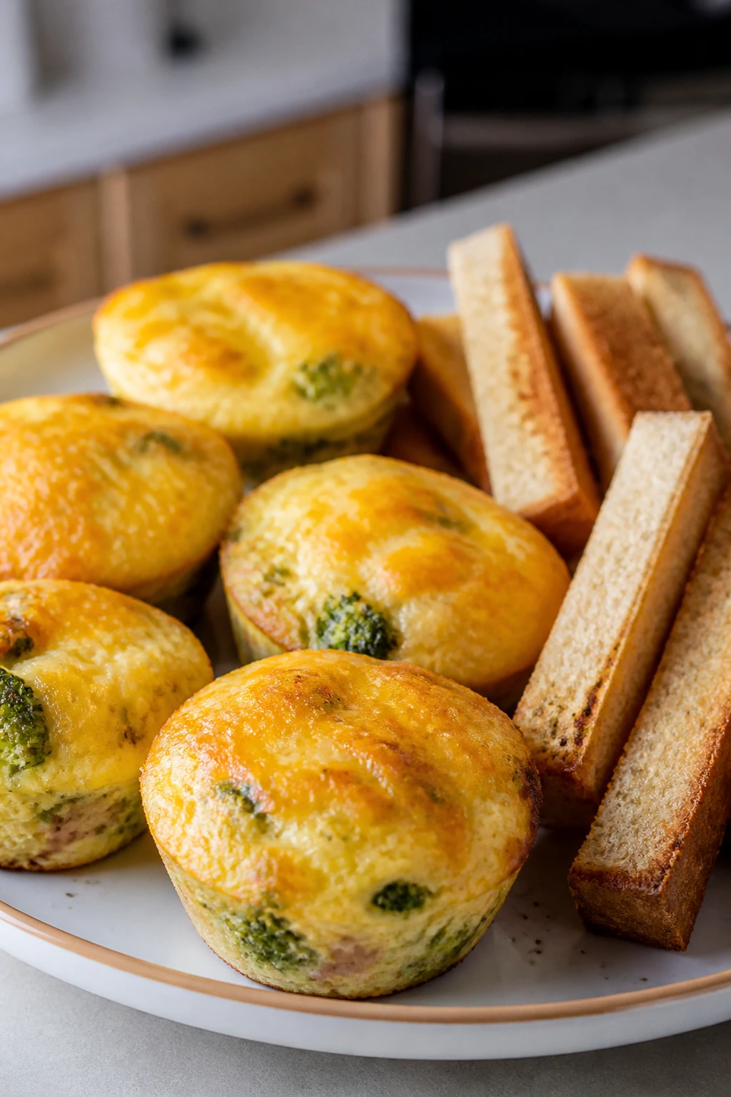 Plate of egg muffins with cheese crust and toast soldiers