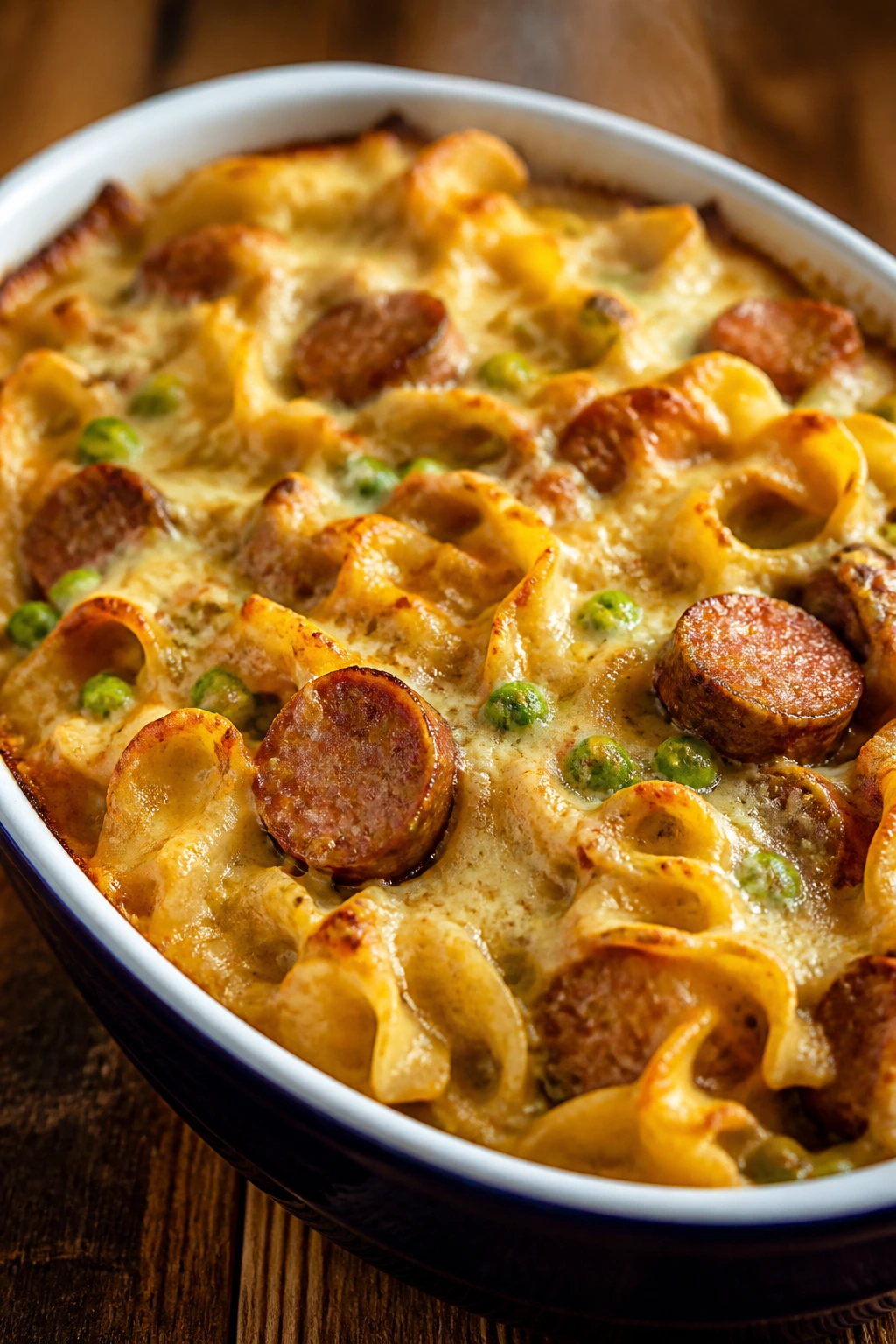Creamy egg noodle casserole with sausage and peas