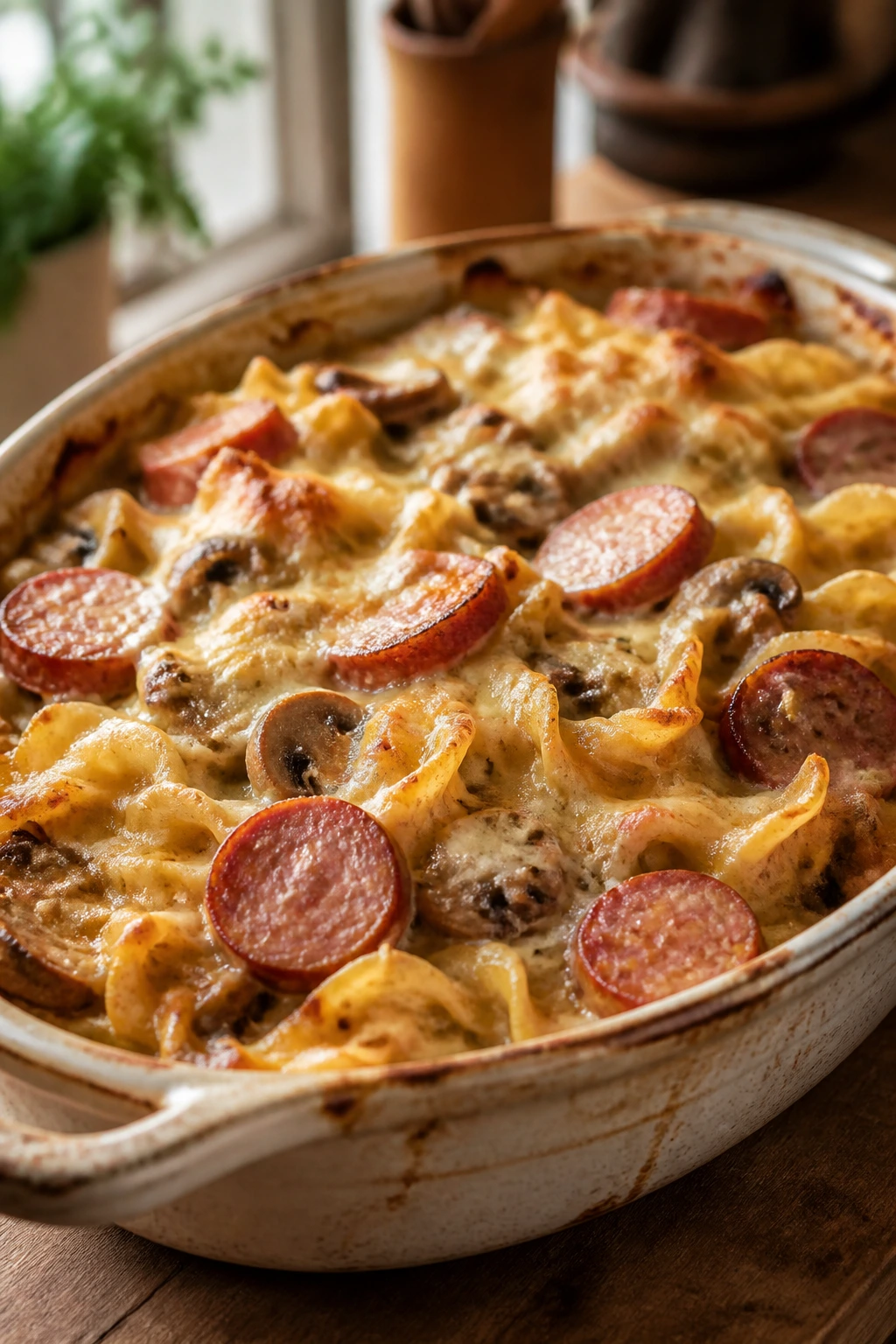 Close-up of Egg Noodle Smoked Sausage Casserole bubbling in a baking dish on a wooden counter