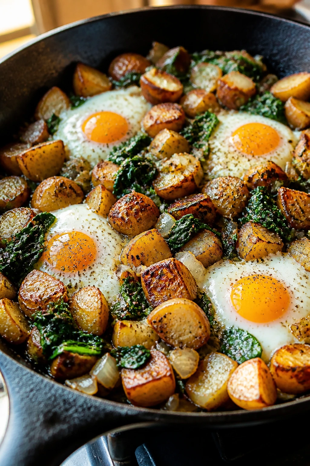 Close-up of egg and potato skillet on a stove in a cozy kitchen