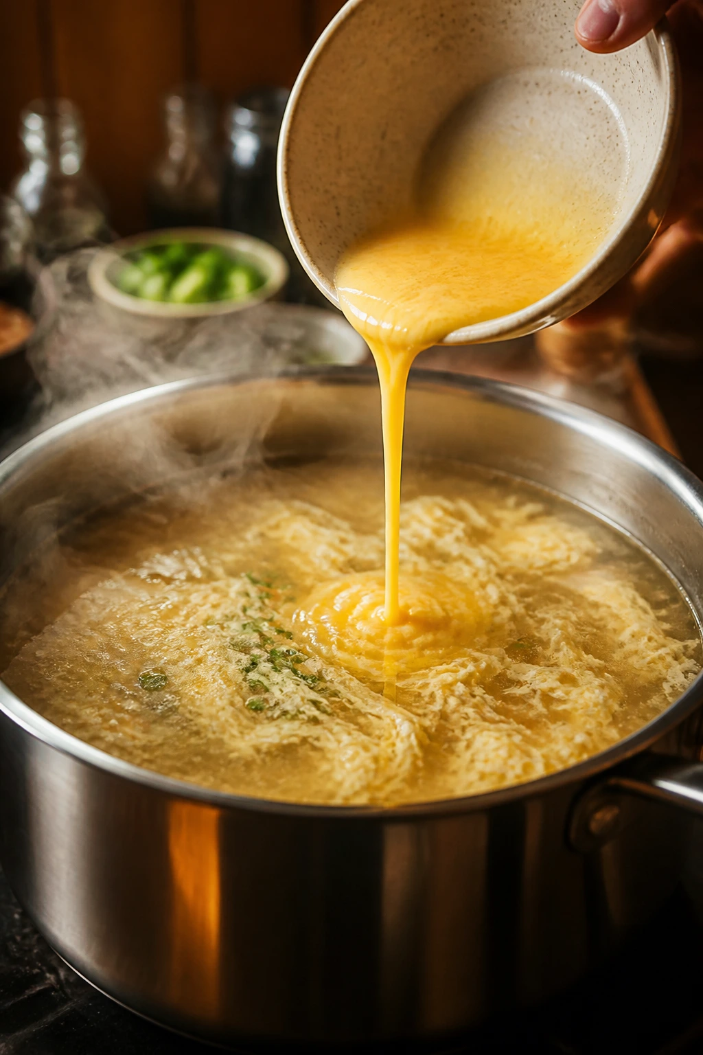 Egg ribbons forming in simmering broth in a pot