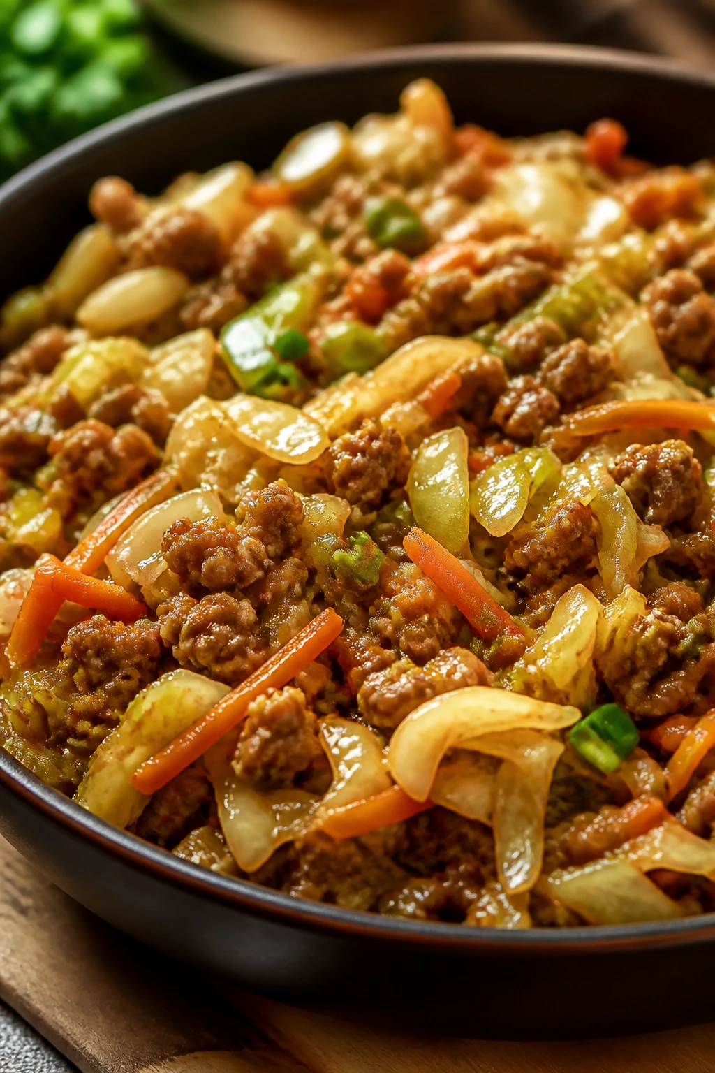 Close-up of egg roll in a bowl with cabbage and ground meat in a soy-ginger glaze