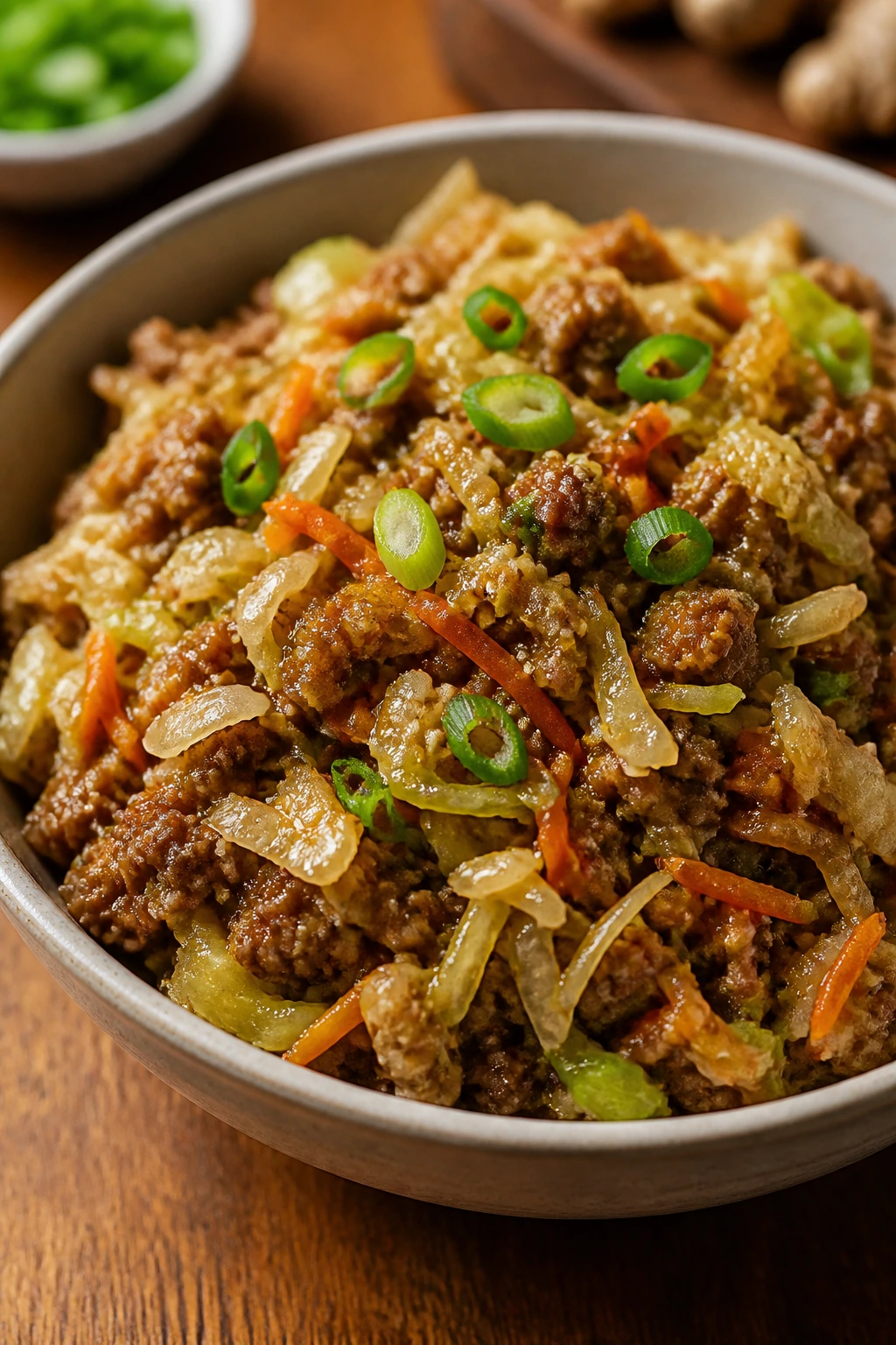 Bowl of egg roll in a bowl with pork and cabbage
