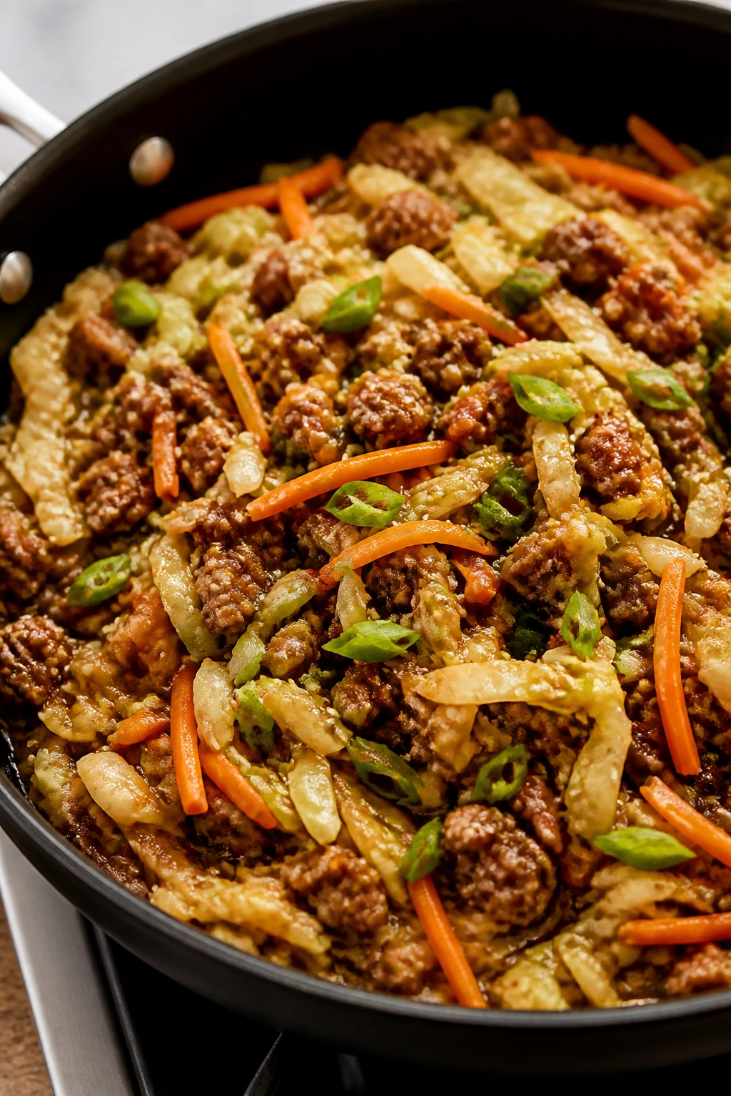 Beef with cabbage and sesame in a bowl