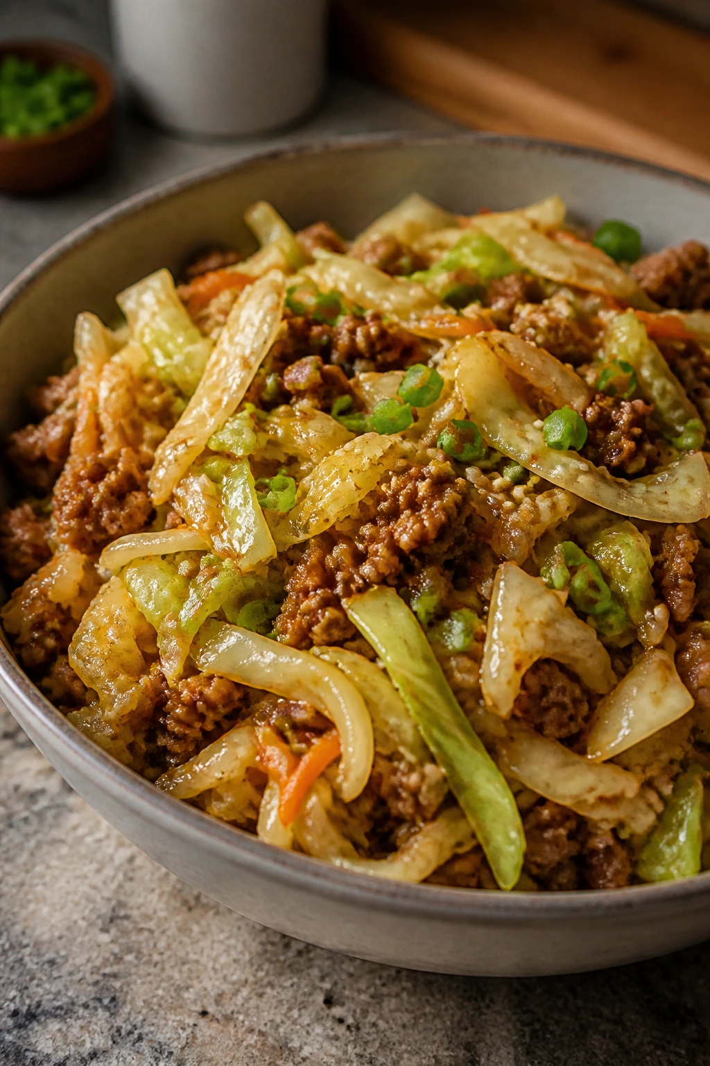 Close-up of egg roll in a bowl with cabbage and meat