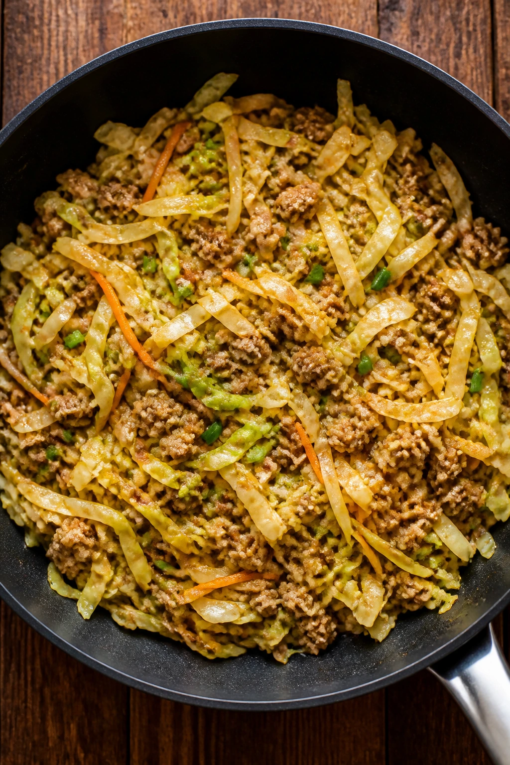 Bowl with cabbage and ground meat in a flavorful stir-fry