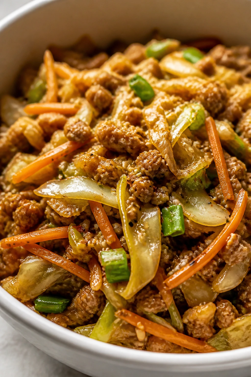 Close-up of Egg Roll in a Bowl with Ground Chicken in a bowl