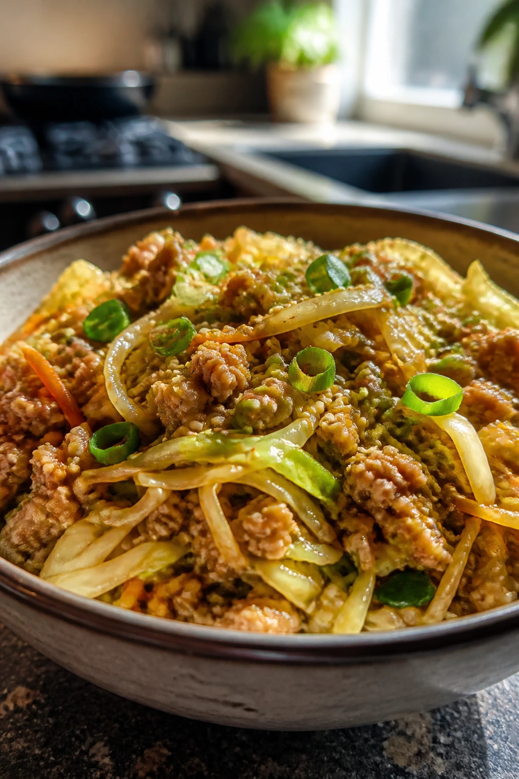 Close-up of egg roll bowl with ground chicken and cabbage