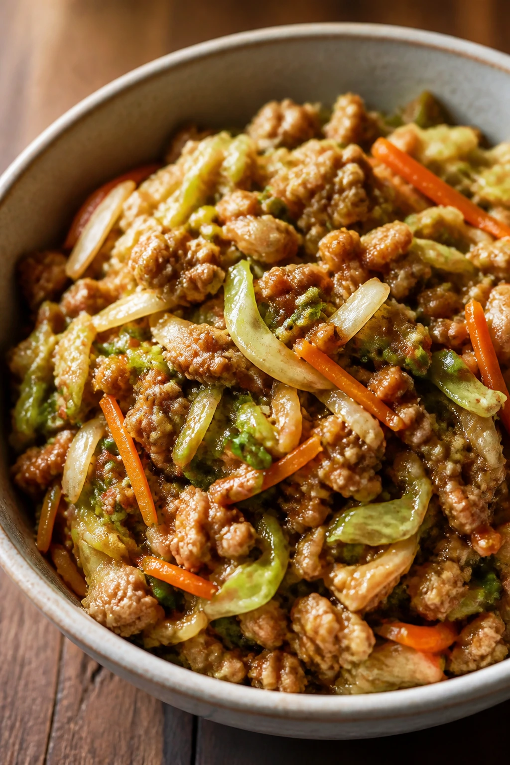 Close-up of egg roll in a bowl with ground meat and cabbage in a savory sauce