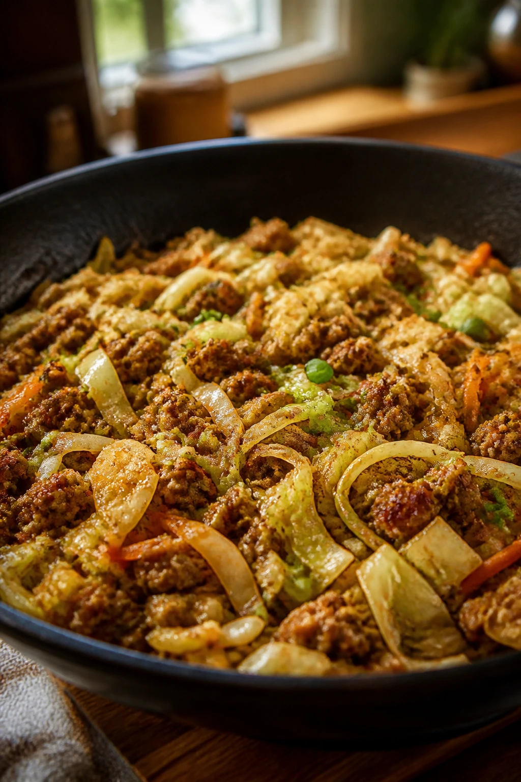 Close-up of Egg Roll in a Bowl ingredients in a skillet