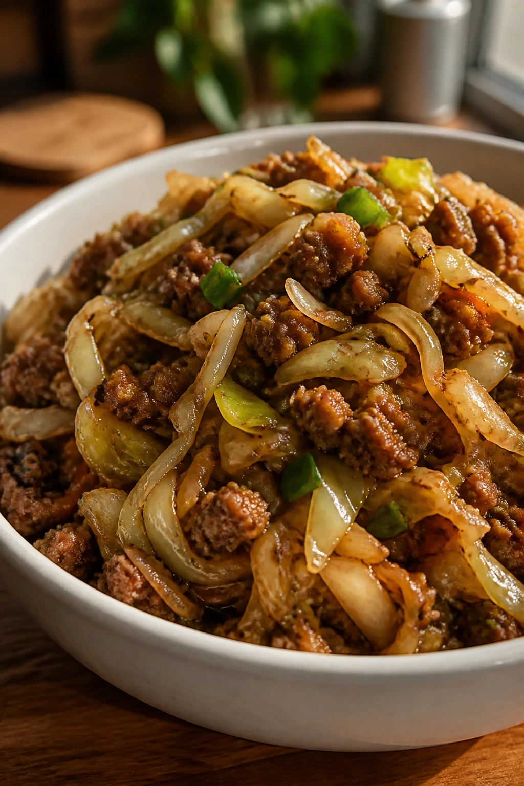 Bowl of egg roll in a bowl with pork and cabbage in a kitchen