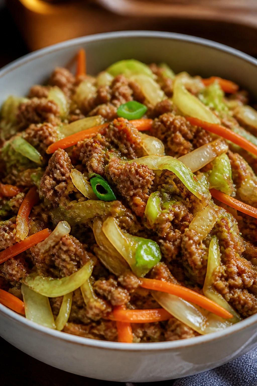 Egg roll in a bowl with ground pork and cabbage