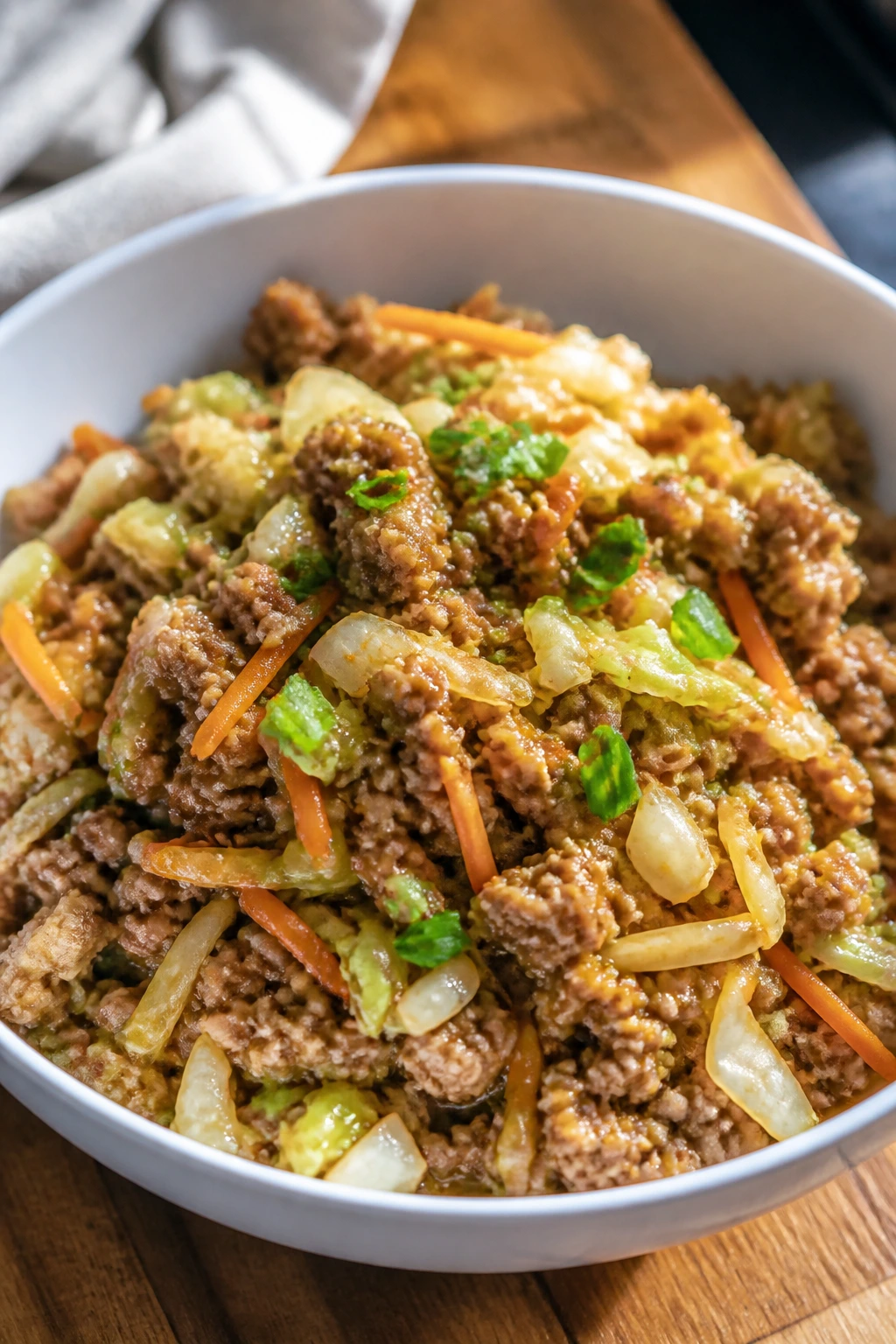 Close-up of egg roll in a bowl dish with pork and cabbage in a white bowl