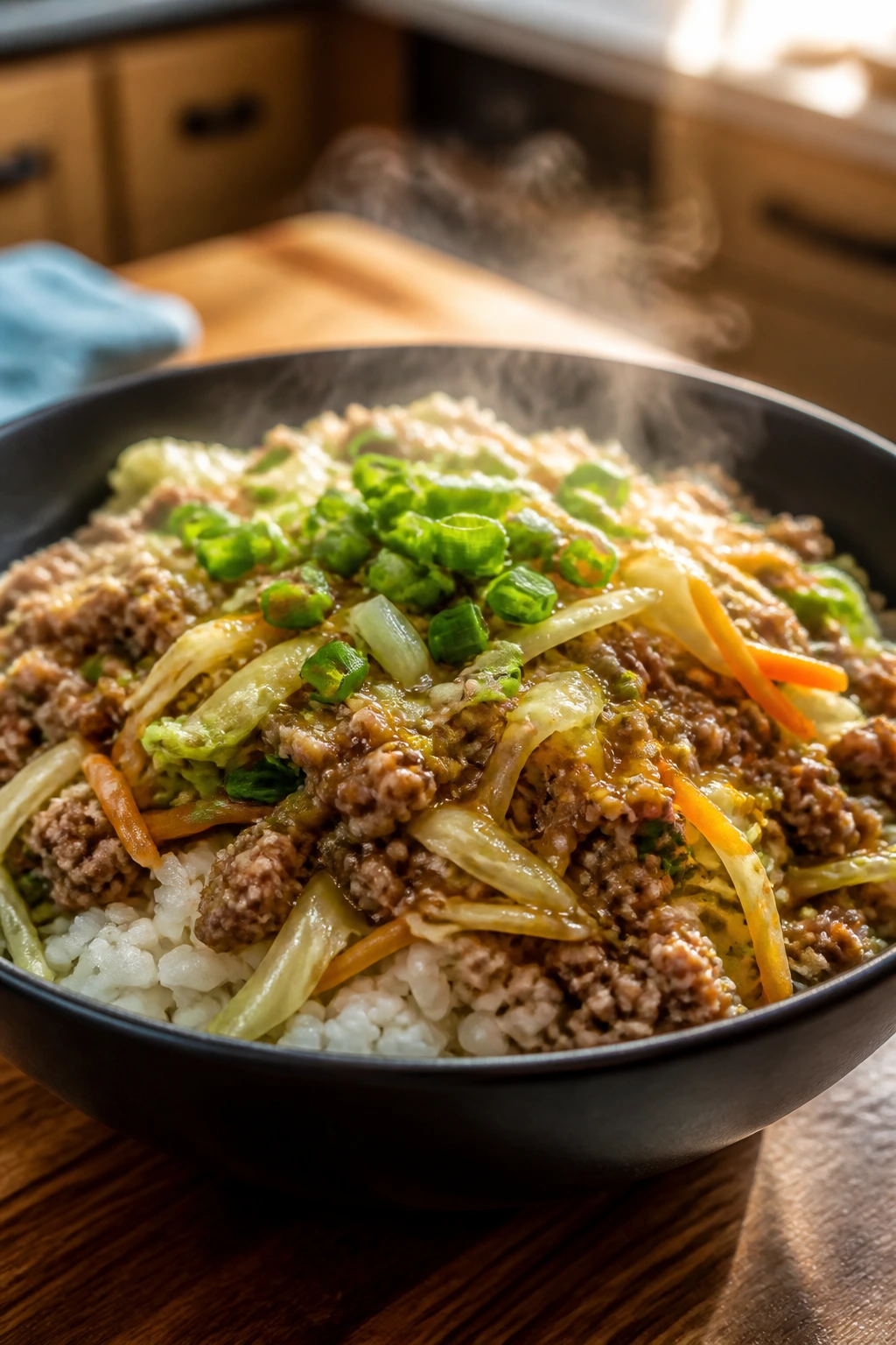 Close-up of an Egg Roll in a Bowl with Rice on a kitchen counter