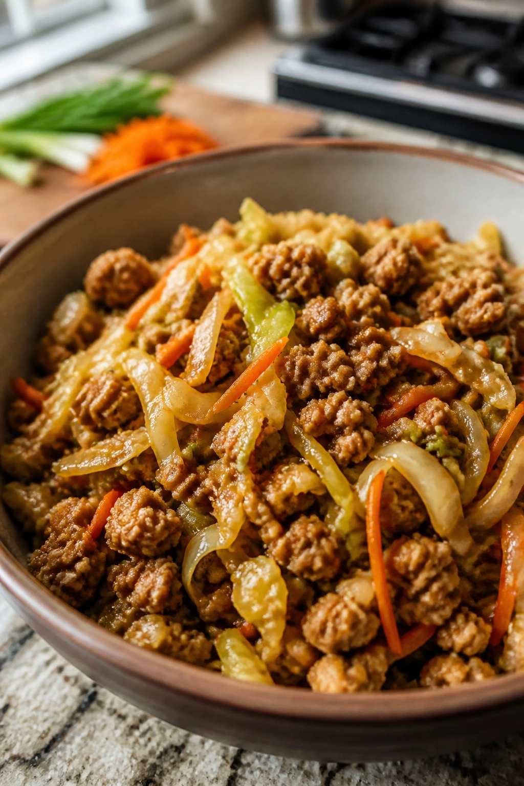 Close-up of a bowl of egg roll in a bowl with ground turkey and cabbage in a savory glaze