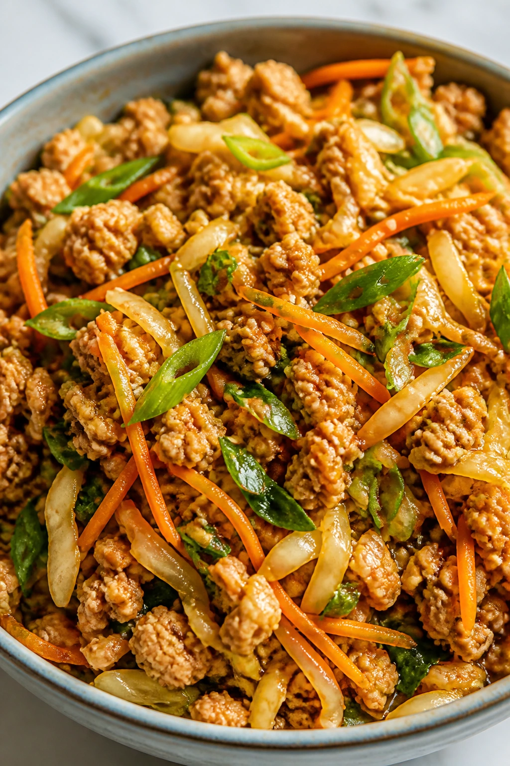 Close-up of veggie-packed egg roll bowls