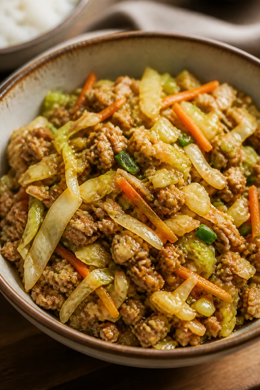 Egg Roll Bowl with cabbage and pork in a bowl