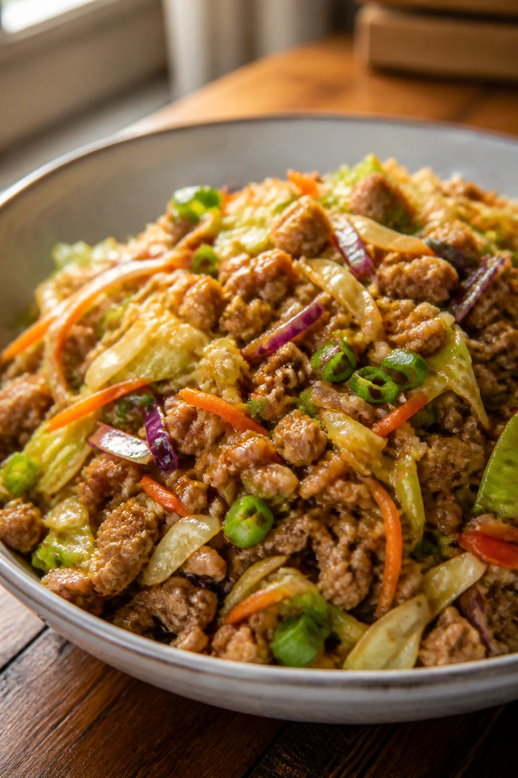 Close-up of egg roll in a bowl mixture in a bowl on kitchen table