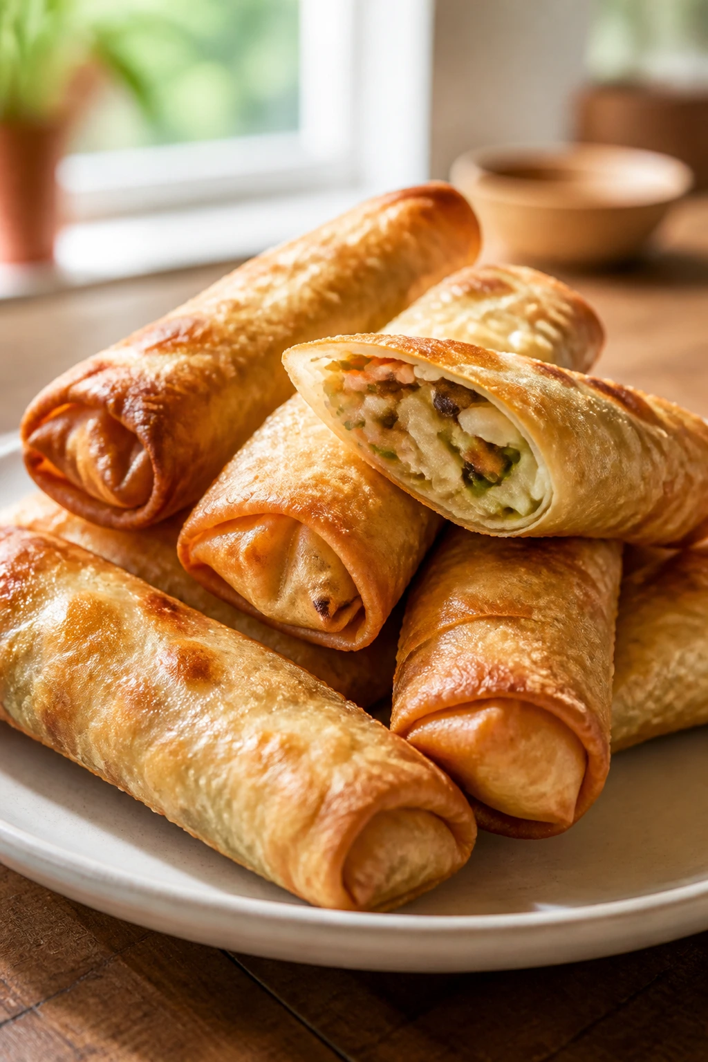 Close-up of crispy egg rolls on a plate