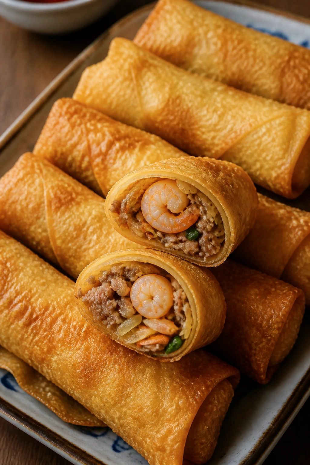 Crispy pork and shrimp egg rolls on a platter