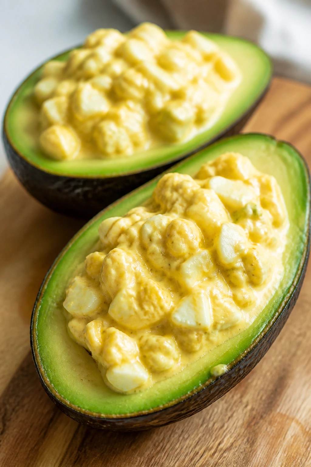 Close-up of egg salad in avocado boats on a wooden board, ready for lunchbox.