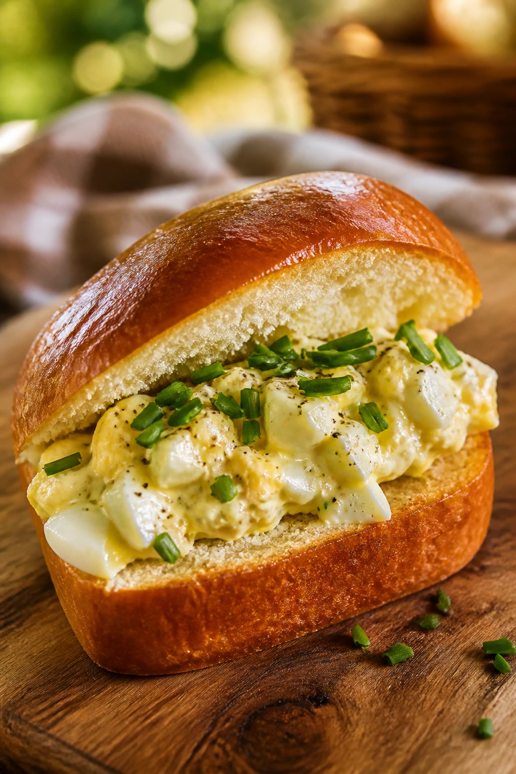 Close-up of egg salad on brioche with chives outdoors