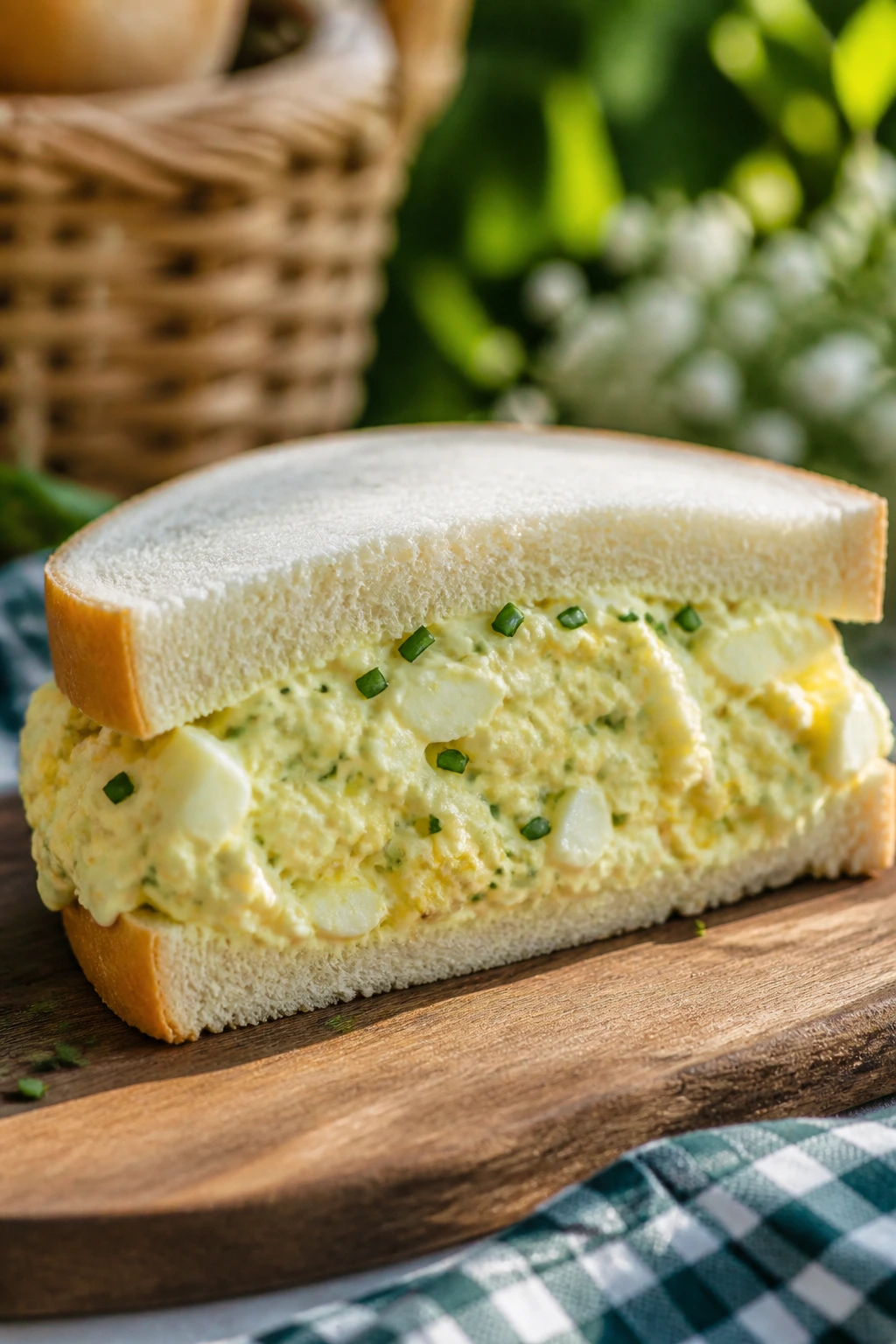 Cross-section of egg salad sandwich with chives on soft bread, outdoors