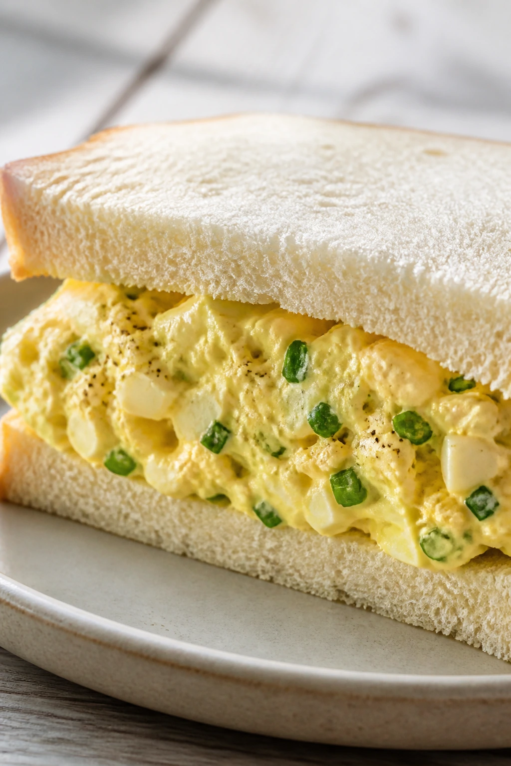 Egg salad sandwich with chives on soft white bread on a plate outdoors