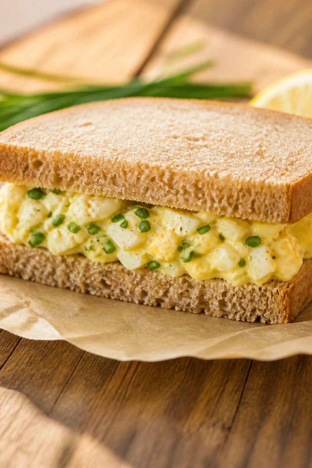 Egg salad with chives on soft wheat bread, cross-section
