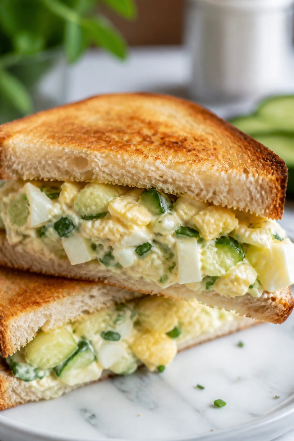 Close-up of Egg Salad Sandwich with Chives and Cucumber showing chunky filling